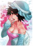  absurdres bare_shoulders black_hair breasts brown_eyes camisole cleavage eyebrows hand_to_own_mouth hat highres huge_filesize huke medium_breasts official_art scan shiina_mayuri short_hair sleepy sleeves_past_wrists solo steins;gate strap_gap strap_slip tears yawning 