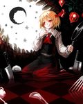  :q blood blood_on_face checkered checkered_floor crescent_moon fork frying_pan highres knife moon rumia solo spark621 tongue tongue_out touhou 