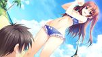  16:9 1boy 1girl bare_shoulders beach bikini black_hair blue_eyes brown_hair cloud flat_chest game_cg golf_club guardian_place guardian_place:_do_s_na_imouto_to_3-nin_no_yome highres hips legs long_hair looking_down navel ocean ootori_aoi open_mouth palm_tree short_hair sky smile standing swimsuit thighs tree tsurugi_hagane twintails water 