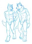  abs blue_and_white bulge canin canine couple duo eye_contact fox furrybob gay hand_holding male mammal muscles open_mouth pecs plain_background romantic sketch thong toned topless underwear walking white_background wolf 