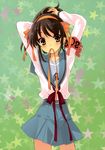  absurdres adjusting_hair arms_up blush brown_eyes brown_hair hairband highres itou_noiji mouth_hold orange_hairband ribbon short_hair solo star suzumiya_haruhi suzumiya_haruhi_no_yuuutsu 