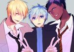  aomine_daiki blonde_hair blue_eyes blue_hair dark_skin dark_skinned_male kise_ryouta kuroko_no_basuke kuroko_tetsuya male_focus multiple_boys necktie subaru_(hz) yellow_eyes 