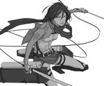  2013 belt boots dated greyscale jacket mikasa_ackerman monochrome paradis_military_uniform scarf shingeki_no_kyojin short_hair signature solo sword thigh_strap three-dimensional_maneuver_gear weapon wire wsly 