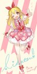  aikatsu! aikatsu!_(series) bad_id bad_pixiv_id character_name copyright_name headband heart highres hoshimiya_ichigo kippu long_hair necktie one_eye_closed open_mouth red_eyes running smile solo standing standing_on_one_leg v 