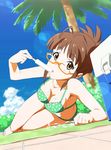  akizuki_ritsuko bikini brown_eyes brown_hair commentary_request cooler folded_ponytail food ginmaru glasses idolmaster idolmaster_(classic) licking lying on_side palm_tree popsicle short_hair solo swimsuit tree 