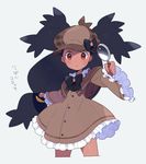  big_hair black_hair blush bow cosplay cropped_legs dark_skin detective feille hat hat_bow holding iris_(pokemon) magnifying_glass parody pokemon pokemon_(game) pokemon_bw red_eyes solo sweatdrop tantei_opera_milky_holmes 