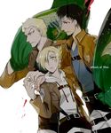  2boys annie_leonhardt bad_id bad_pixiv_id belt bertolt_hoover black_hair blonde_hair blue_eyes emblem flag jacket koku_666 long_hair military_police_brigade_(emblem) multiple_boys paradis_military_uniform reiner_braun shingeki_no_kyojin short_hair survey_corps_(emblem) thigh_strap 