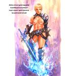  armor blonde_hair boots breasts flaming_sword highres large_breasts nipples original short_hair solo sword topless vigwer weapon 