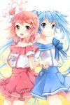  bad_id bad_pixiv_id bare_shoulders blue_eyes blue_hair bow frills hair_ornament hairclip heart holding_hands long_hair mca_(dessert_candy) multiple_girls pink_eyes pink_hair ribbon short_hair side_ponytail skirt smile sword_girls twintails 