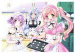  :d absurdres baking baking_sheet blue_eyes blue_hair cookie cooking copyright_request cream cream_on_face dough eating egg food food_on_face gloves green_eyes highres indoors kamiya_maneki kitchen maid maid_headdress multiple_girls open_mouth oven_mitts pink_gloves pink_hair pinstripe_pattern puffy_short_sleeves puffy_sleeves purple_hair short_sleeves smile striped tray whisk yellow_eyes 