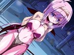  blue_eyes breasts cleavage dutch_angle groin hips large_breasts long_hair miuku_(marine_sapphire) navel purple_hair ragnarok_online solo very_long_hair 