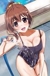  :d breasts brown_eyes brown_hair cleavage dutch_angle hair_ornament hairclip highres hose large_breasts long_hair niimi_haruka_(photokano) one-piece_swimsuit open_mouth photokano ponytail pool poolside shiny shiny_skin smile swimsuit tranquilizer_(bestcenter) water wet 