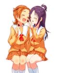  azuma_yukihiko blush brown_hair chocolate chocolate_heart closed_eyes couple feeding futari_wa_precure_splash_star half_updo happy heart hyuuga_saki long_hair mishou_mai multiple_girls precure purple_hair school_uniform short_hair simple_background sitting smile white_background yuri yuunagi_middle_school_uniform 