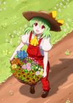  adapted_costume ascot bad_id bad_pixiv_id basket cross-laced_footwear daisy flower from_above grass green_hair hat hat_ribbon julius_yu kazami_yuuka looking_at_viewer looking_up open_mouth overalls path pigeon-toed plaid red_eyes ribbon road shadow short_hair solo straw_hat sunflower touhou 