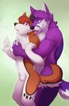  anthro balls biceps blue_eyes brown_fur brown_hair canine canine_penis cenny chest_tuft dog duo ear_piercing flaccid from_behind fur gay gripping grope hair harlem holding husky licking male mammal muscles nude open_mouth pec_grasp pecs penis piercing playful pose purple_eyes purple_hair sheath shyloc standing tongue tongue_out tuft white_fur wolf 