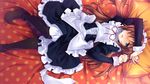  black_legwear blue_eyes blush brown_hair full-face_blush guardian_place highres lying maid maid_headdress non-web_source ootori_aoi pantyhose pillow polka_dot rotated tsurugi_hagane 