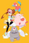  :d blue_eyes brown_hair chansey double_bun dusclops feille gen_1_pokemon gen_2_pokemon gen_3_pokemon long_hair mei_(pokemon) open_mouth pantyhose pokemon pokemon_(creature) pokemon_(game) pokemon_bw2 porygon2 shoes shorts smile sneakers twintails visor_cap 