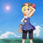  alternate_costume arm_up armpits bag bare_shoulders blonde_hair camisole cato_(monocatienus) cloud collarbone contemporary day hair_ribbon hat highres lens_flare messenger_bag open_mouth red_eyes ribbon rumia short_hair shorts shoulder_bag sky solo sun touhou wrist_cuffs 
