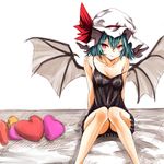  bare_shoulders bat_wings blue_hair camisole cushion harino646 hat red_eyes remilia_scarlet short_hair sitting solo strap_slip touhou wings 