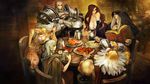  3girls abs alcohol amazon_(dragon's_crown) armor bar beard beer bikini_armor blonde_hair book braid breasts chin_rest circlet cleavage crossed_arms crystal_ball dragon's_crown drinking dwarf_(dragon's_crown) elf_(dragon's_crown) everyone facial_hair feast feathers fighter_(dragon's_crown) food fruit full_armor game_cg highres hood hood_down huge_breasts kamitani_george large_breasts long_hair multiple_boys multiple_girls muscle muscular_female no_hat no_headwear no_helmet pointy_ears sorceress_(dragon's_crown) table tankard tavern wizard_(dragon's_crown) 