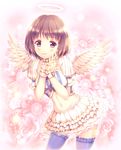  angel angel_wings brown_hair copyright_request crop_top flower halo kurage_(kurakurapix) looking_at_viewer midriff navel puffy_short_sleeves puffy_sleeves purple_eyes short_hair short_sleeves skirt smile solo thighhighs wings 