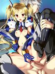  1girl armor bad_id bad_pixiv_id blazblue blonde_hair blush breasts censored cosplay elbow_gloves feet gloves green_eyes hetero highres kanateko long_hair long_sleeves mu-12 mu-12_(cosplay) navel nipples open_mouth penis pussy rachel_alucard ragna_the_bloodedge red_eyes sex silver_hair small_breasts sweatdrop testicles thighhighs twintails vaginal 