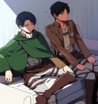  belt black_hair boots cape eren_yeager eterno jacket multiple_boys paradis_military_uniform shingeki_no_kyojin thigh_strap 