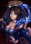  ascot between_breasts bioshock bioshock_infinite blue_eyes bottle breasts brown_hair choker cleavage corset cropped_jacket dress elizabeth_(bioshock_infinite) flower highres lips medium_breasts petals rose short_hair solo subaru01rins 