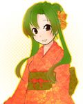  :d brown_eyes elincia_ridell_crimea fire_emblem fire_emblem:_souen_no_kiseki green_hair hair_bun hair_up japanese_clothes kimono kona_nanamu lowres open_mouth smile solo 