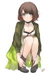  ankle_boots bad_id bad_pixiv_id black_eyes blush boots brown_hair choker copyright_request cross kippu short_hair simple_background sketch skirt solo squatting white_background 