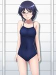  black_hair covered_navel embarrassed glasses long_hair muroto_aki nontamachan one-piece_swimsuit photokano purple_eyes school_swimsuit swimsuit twintails 