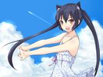  :d animal_ears black_hair cat_ears condensation_trail day dress floral_print highres k-on! long_hair looking_at_viewer nakano_azusa open_mouth smile solo stretch sundress taka-kun twintails upper_body yellow_eyes 