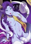  androgynous ashura_(momoden) blue_eyes blue_skin demon_boy fangs horns long_hair makeup male_focus momotarou_densetsu navel nipples nude penis pointy_ears purple_hair smile sparkle tokimachi_eisei 