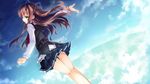  16:9 1girl brown_hair cloud game_cg green_eyes guardian_place guardian_place:_do_s_na_imouto_to_3-nin_no_yome hair_ornament highres legs long_hair looking_back ootori_aoi open_mouth school_uniform skirt sky smile solo standing tsurugi_hagane twintails wind 