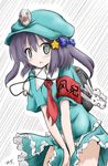  armband bangs black_eyes blue_bow blush bow bunny covering covering_crotch cowboy_shot crab green_dam green_skirt hair_bow hair_ornament hat key looking_at_viewer masuchi os-tan personification purple_hair ribbon skirt skirt_tug solo source_request star twintails 