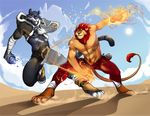  anthro arcticlion bandage belt biceps black_fur blue_fur body_markings brown_fur claws clothed clothing combat duo feline fight fire fur hair ice jacket lion magic male mammal markings muscles open_shirt orange_eyes pants paws pecs plain_background pose red_hair sand shirt standing stripes tan_fur tiger toe_claws topless water white_background 