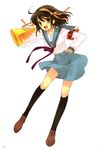  :d absurdres ahoge armband black_legwear brown_eyes brown_hair crossed_arms hairband happy highres itou_noiji kita_high_school_uniform kneehighs loafers megaphone open_mouth orange_hairband school_uniform serafuku shoes short_hair smile solo suzumiya_haruhi suzumiya_haruhi_no_yuuutsu 