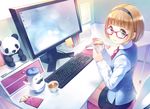  blue_eyes brown_hair business computer cup drink gamepot glasses hairband holding holding_cup indoors kurage_(kurakurapix) red-framed_eyewear short_hair sitting smile solo stuffed_animal stuffed_panda stuffed_toy teapot 