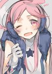  ;d ahoge bad_id bad_pixiv_id blush character_name earmuffs gloves grey_background headphones huge_ahoge kippu long_hair one_eye_closed open_mouth pink_eyes pink_hair sf-a2_miki simple_background smile solo star upper_body vocaloid 