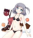  bangs bikini black_bikini blue_eyes blush breasts candy chocolate cowboy_shot doughnut food grey_hair groin hair_ornament hairclip hentai_ouji_to_warawanai_neko. kakukaku_(atelier_wings) lollipop looking_at_viewer lowleg lowleg_bikini marshmallow mask mouth_hold parted_bangs pocky scrunchie short_hair side-tie_bikini side_ponytail simple_background sitting skindentation small_breasts solo string_bikini swept_bangs swimsuit tsutsukakushi_tsukiko white_background 