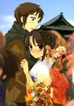  1girl absurdres alternate_hairstyle blush braid brown_eyes brown_hair couple day floral_print height_difference hetero highres hug itou_noiji jacket japanese_clothes kimono kyon ribbon sandals scarf short_hair sky surprised suzumiya_haruhi suzumiya_haruhi_no_yuuutsu 