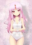  apple_(elsword) code:_empress_(elsword) covered_navel elsword eve_(elsword) forehead_jewel groin head_tilt heart heart_hands highres long_hair one-piece_swimsuit ootsuki_momiji pink_eyes pink_hair smile solo swimsuit thigh_gap white_swimsuit 