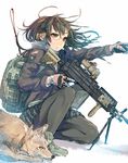  american_flag bag black_hair black_legwear breath brown_eyes coyote daito glasses gloves gun headphones headset highres jacket long_hair m249 machine_gun original pantyhose pointing scope skirt snow solo squatting stand weapon 