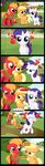  &lt;3 applejack_(mlp) awkward big_macintosh_(mlp) blonde_hair blue_eyes blush blush_stickers coltsteelstallion comic crush cutie_mark dialog english_text equine female fence feral freckles friendship_is_magic fur hair horn horse infatuation male mammal my_little_pony na&#239;ve open_mouth outside pony rarity_(mlp) sweat sweatdrop text tree unicorn white_fur young 