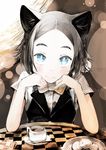  animal_ears blue_eyes blush bow bowtie checkered chin_rest cookie cup elbow_rest food grey_hair highres looking_at_viewer original plate pov_across_table saucer short_hair smile solo table yunar 
