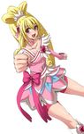  aida_mana blonde_hair bow clenched_hands cure_heart dokidoki!_precure foreshortening hair_ornament heart heart_hair_ornament long_hair minarai_zouhyou outstretched_arm pink_bow pink_eyes pink_sleeves precure simple_background smile solo white_background 