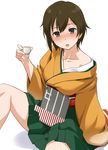  :o bare_shoulders blush brown_eyes brown_hair choko_(cup) cup drunk hiryuu_(kantai_collection) kantai_collection looking_at_viewer off_shoulder short_hair simple_background solo white_background youkan 