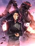  apparition_(kurogane_no_linebarrel) black_hair gloves highres jacket kurogane_no_linebarrel mecha mechanical_arm prosthesis red_eyes solo sunakumo yajima_hideaki 