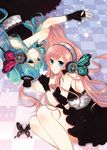  aqua_eyes aqua_hair blue_eyes bug butterfly butterfly_hair_ornament butterfly_wings dress fingerless_gloves gloves hair_ornament hat hatsune_miku headphones insect long_hair magnet_(vocaloid) megurine_luka mini_hat mini_top_hat multiple_girls pink_hair top_hat vocaloid wings yukiko_(yukihakka) 