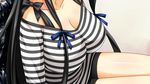  1girl aoki_natsume black_hair breasts chair cleavage close-up game_cg head_out_of_frame highres hitotsu_tobashi_ren&#039;ai hitotsu_tobashi_ren'ai large_breasts legs long_hair shorts sitting solo thighs 